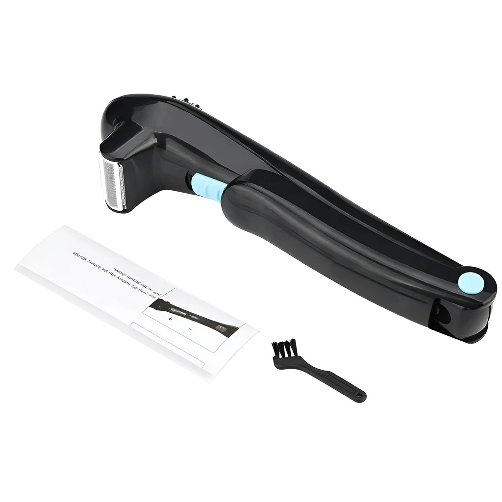 Black folding electric body shaver shown in open and closed positions for portable hair removal