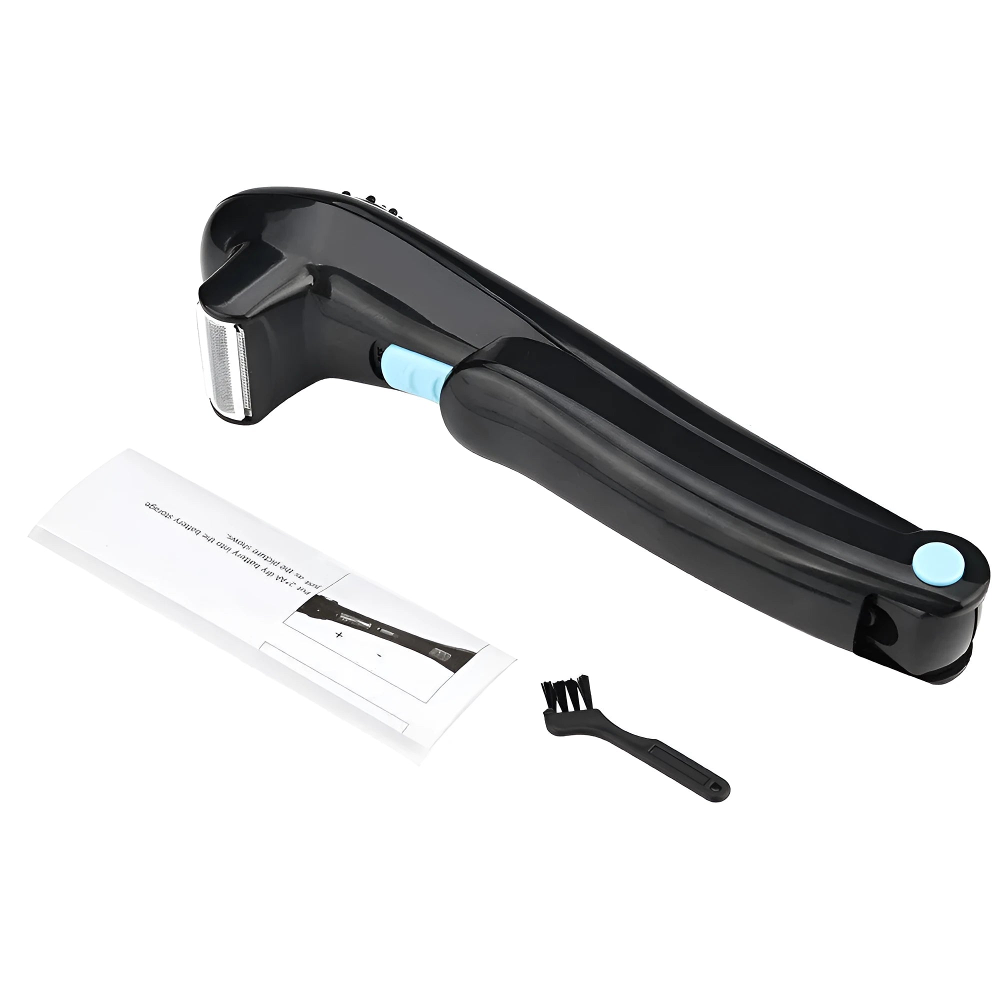 Black folding electric body shaver shown in open and closed positions for portable hair removal