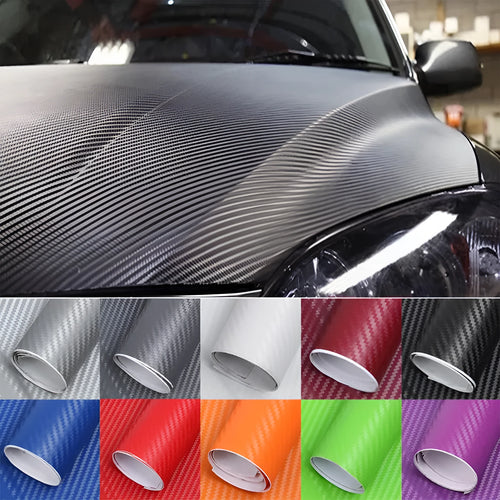 3D carbon fibre sticker roll for car decoration in eight colour options showing textured material