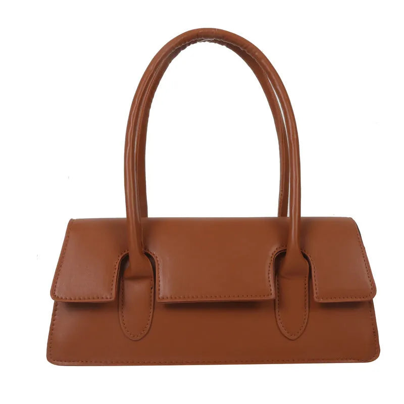Women's retro square PU shoulder bag with stitching details and sandwich pocket exterior