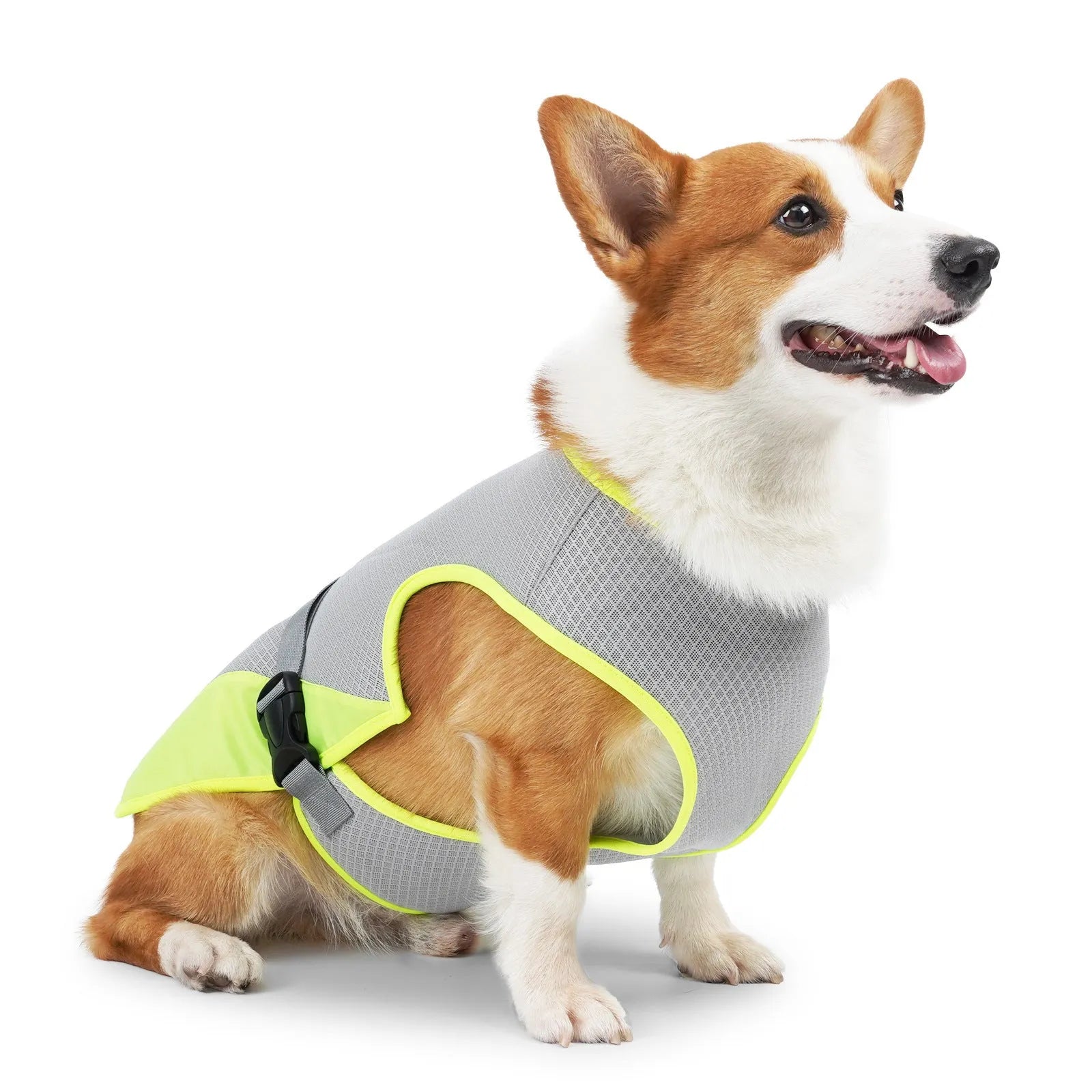 Polyester dog cooling vest in light grey colour showing breathable fabric construction