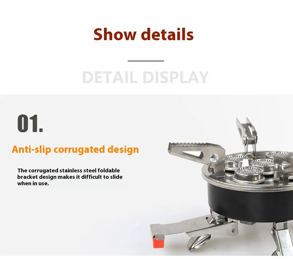 Silver portable stainless steel split camping stove with a long hose, shown folded.