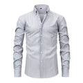 Man wearing a striped long-sleeved non-ironing business casual shirt with a lapel collar.