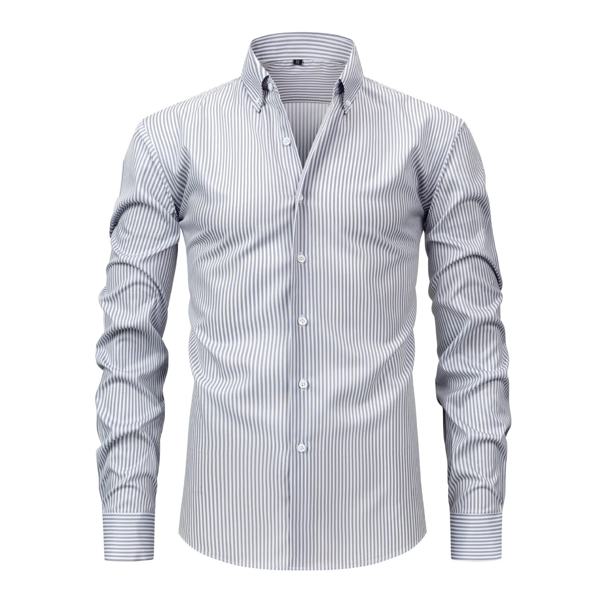 Man wearing a striped long-sleeved non-ironing business casual shirt with a lapel collar.
