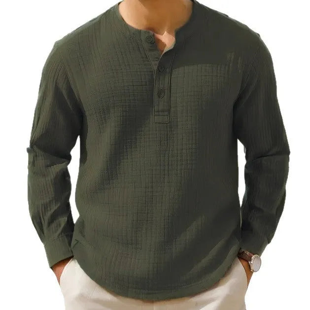 Cotton linen blend long sleeve shirt with 3/4 ruffle sleeves in slim fit pullover style