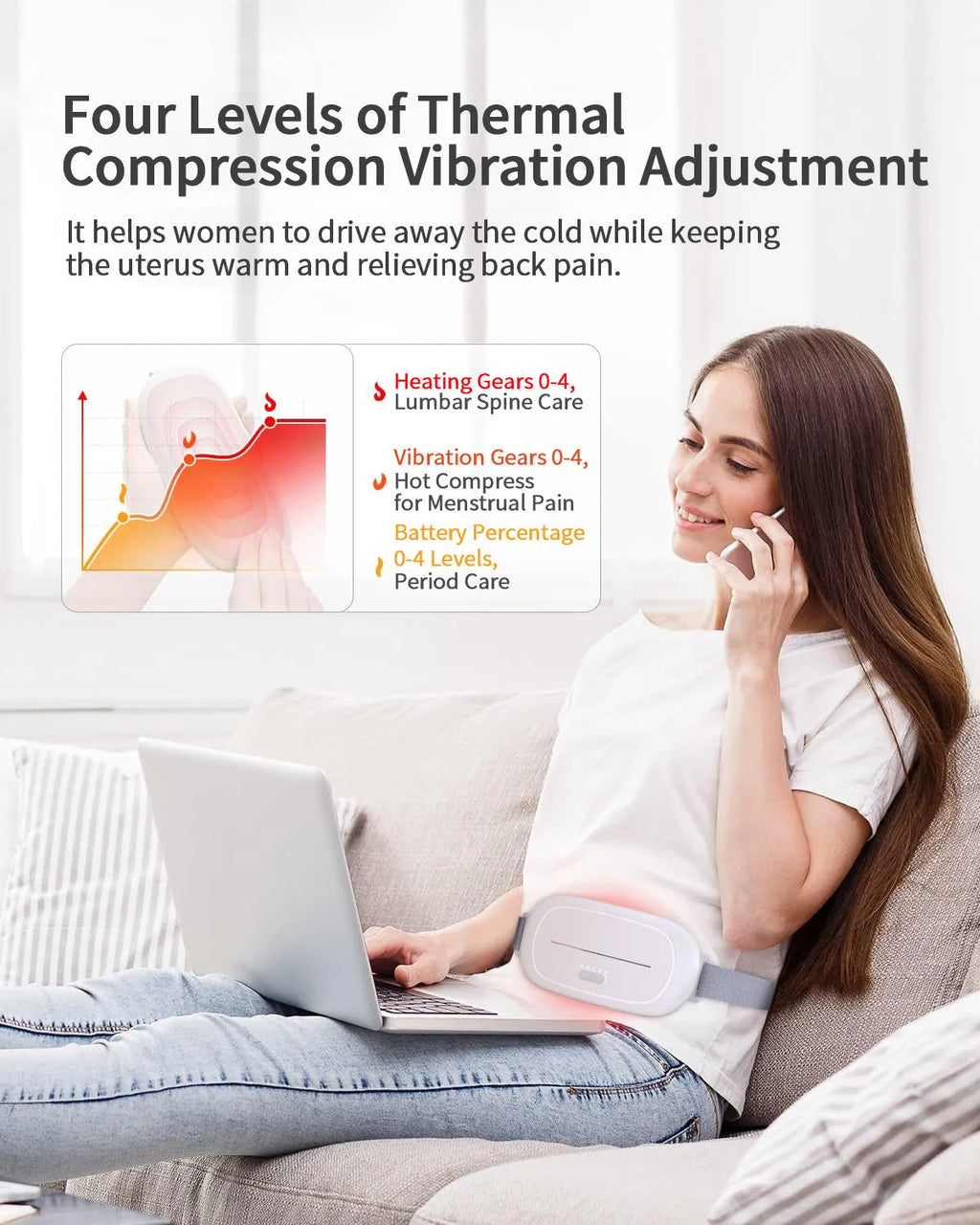 White handheld uterine warming device with control buttons for heat settings
