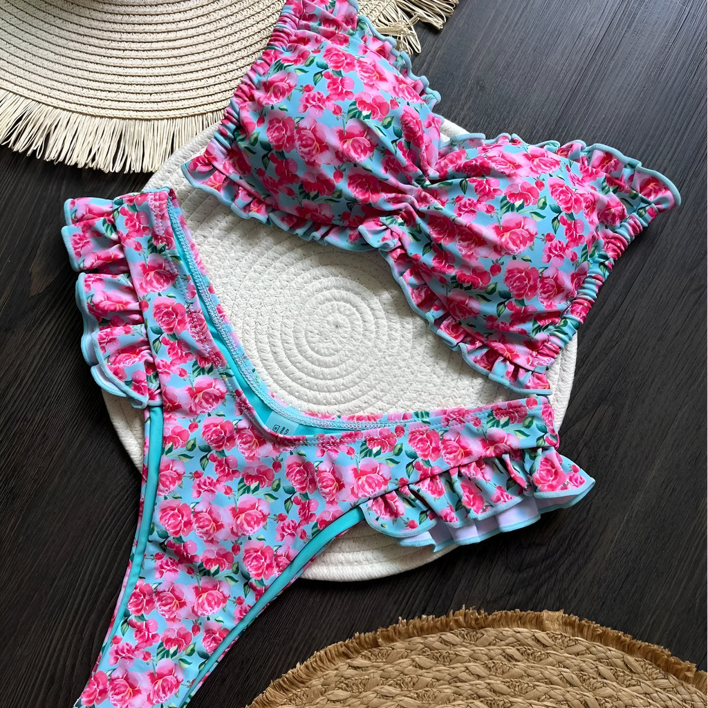 Women's printed low waist lace-up bikini suit in colour P099D with floral pattern