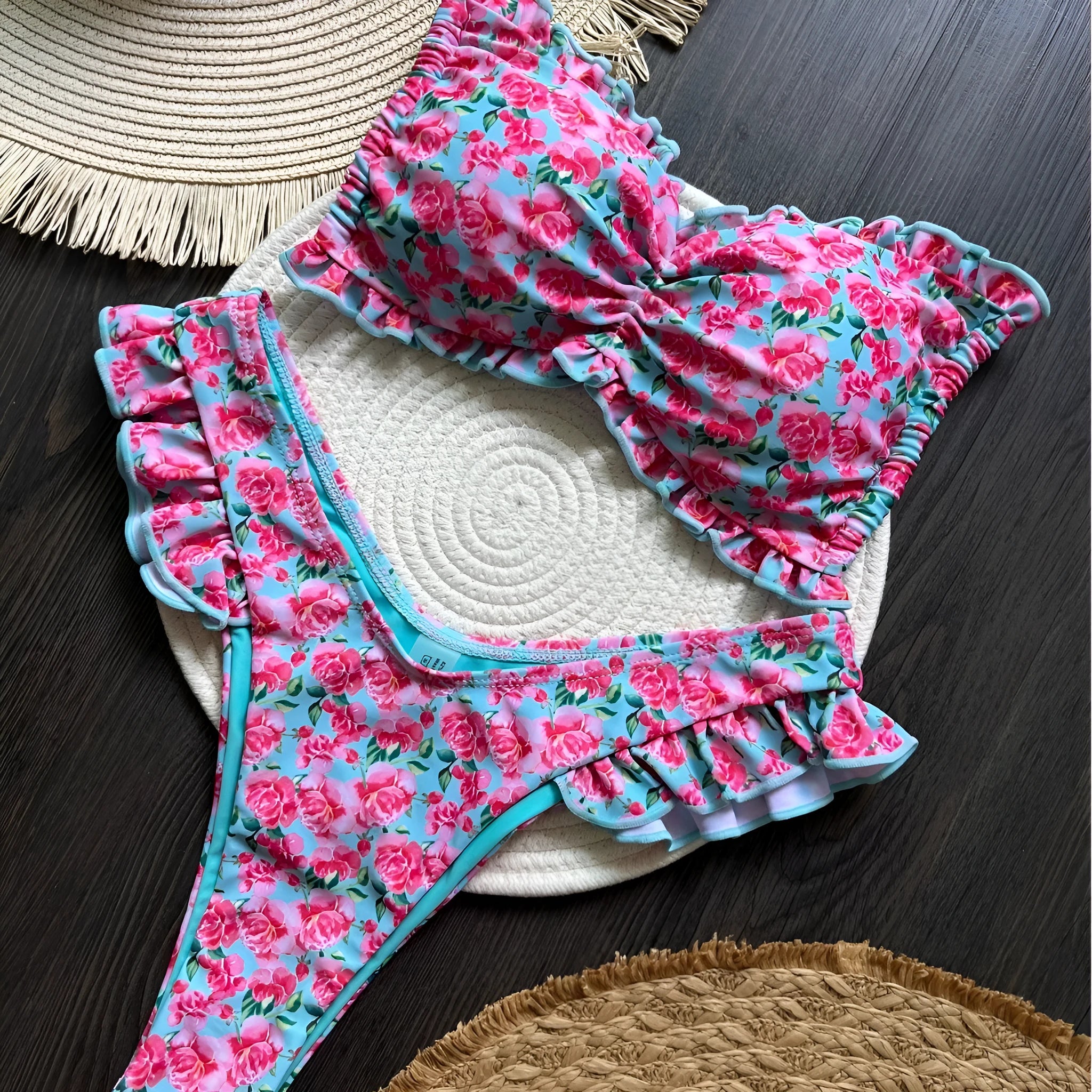 Women's printed low waist lace-up bikini suit in colour P099D with floral pattern