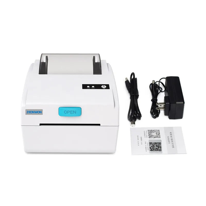 White Bluetooth heat-sensitive label printer with compact 200mm width dimensions