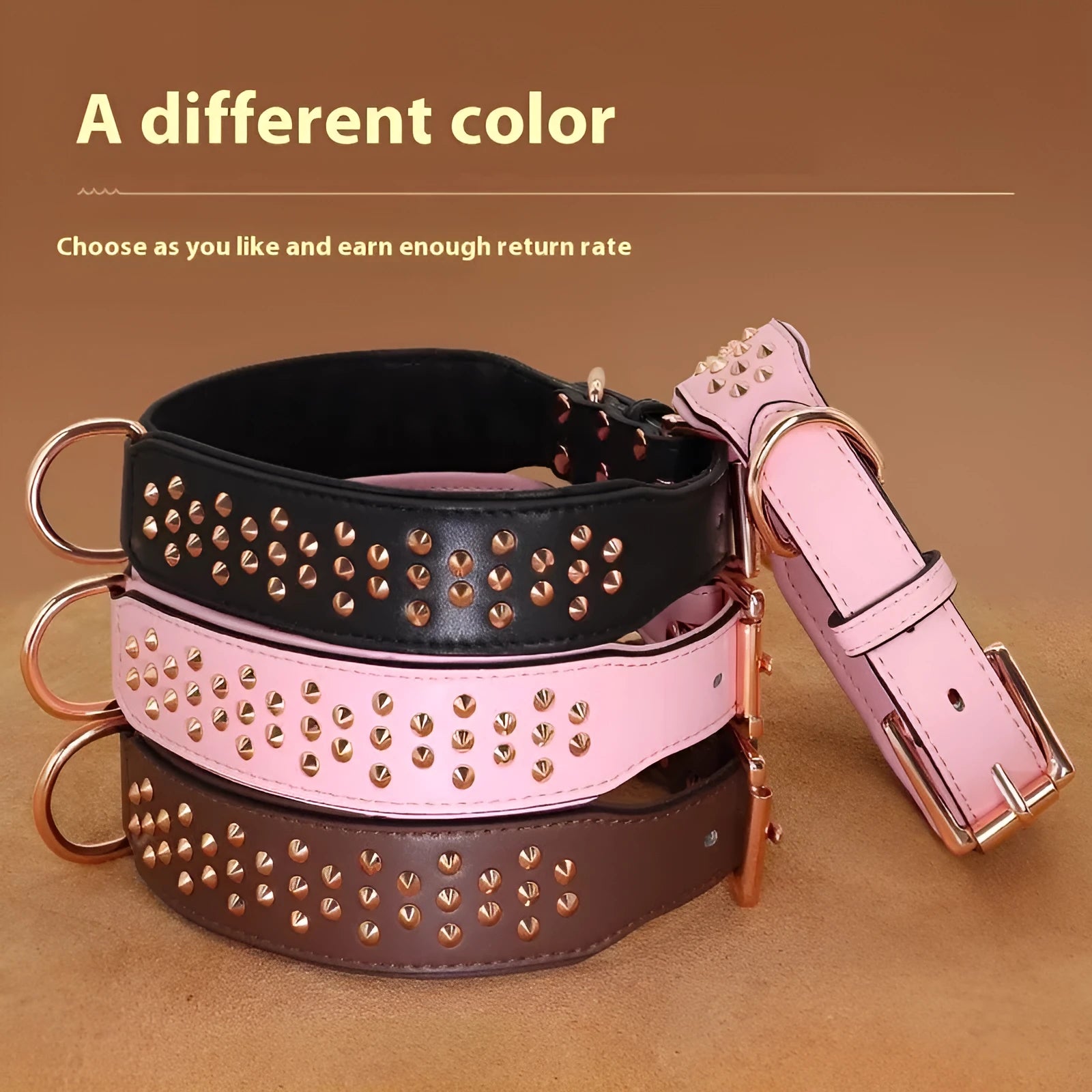 Leather dog collar with brass rivets in black, chocolate, or pink colour options for medium and large dogs.