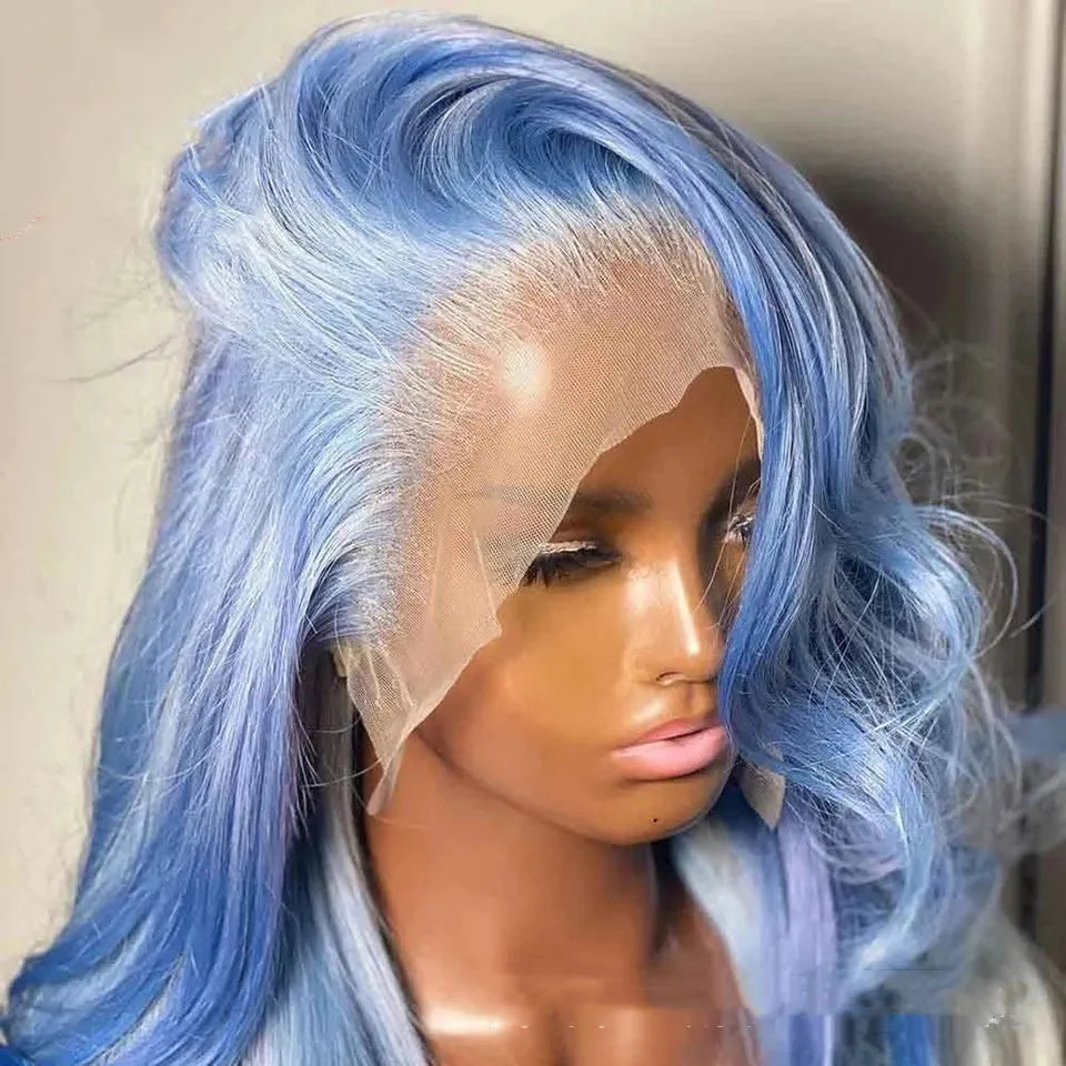 Body wave human hair lace front wig with 13x4 frontal on a wig stand.