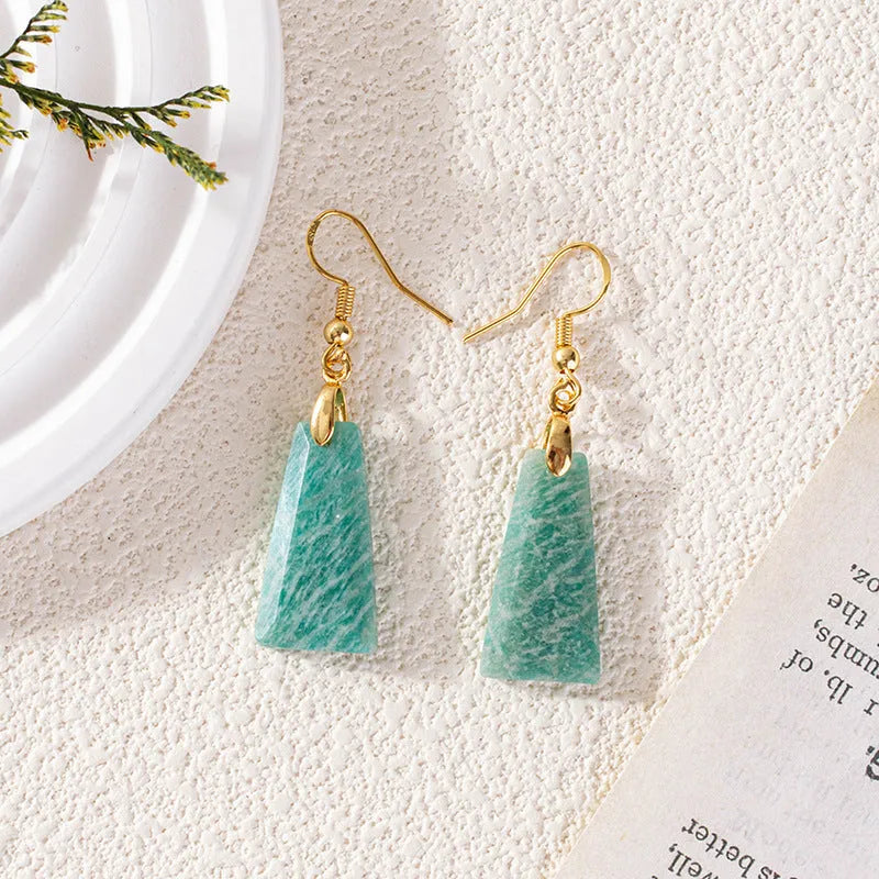 Amazonite rough stone cut trapezoid earrings in geometric design with gold or silver finish
