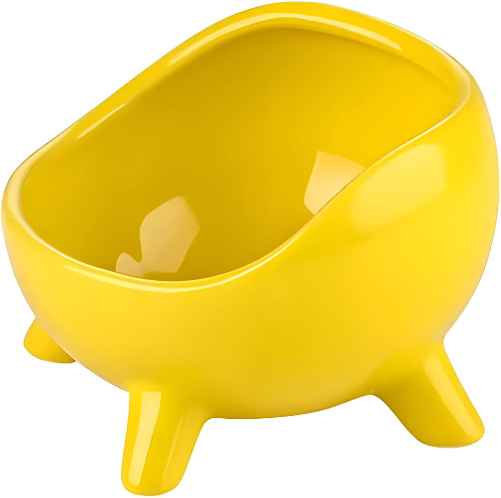 Ceramic pet bowl with four legs, wide mouth, and rounded arc design in green colour