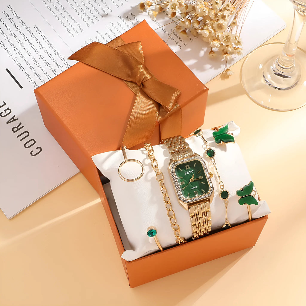 Gold green square dial women's watch with four matching alloy bracelets featuring jewellery buckle closures