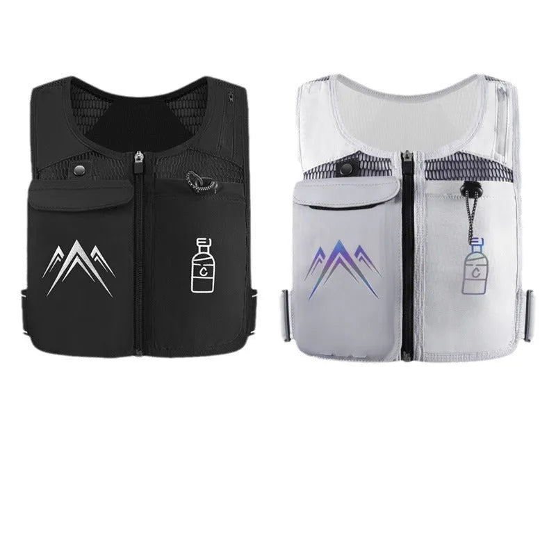 A classic black breathable mesh running vest with a front pocket designed to hold a mobile phone up to 7.5 inches.