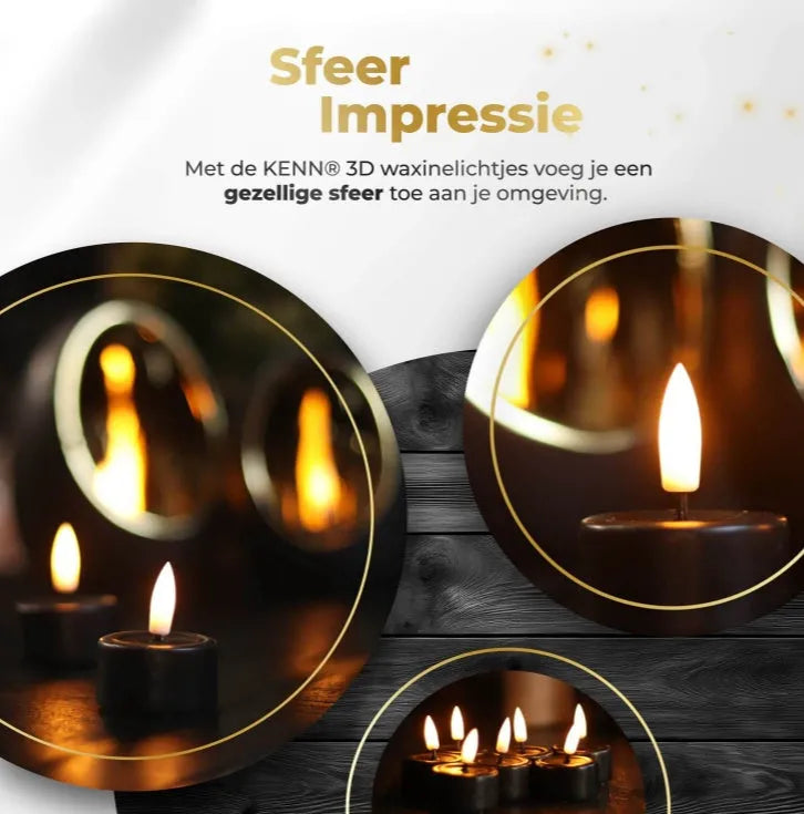 Set of four black S10 LED flameless tealight candles with flickering light, shown from the side.