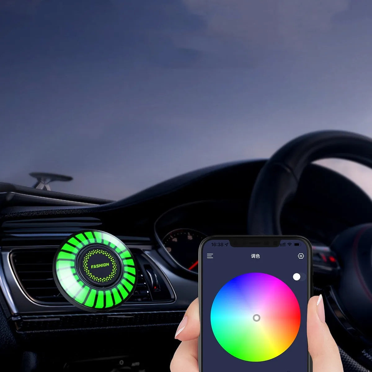 RGB car atmosphere light mounted in car air vent with voice control and aromatherapy functions