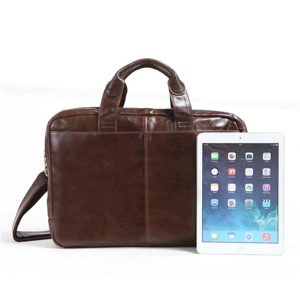 Brown 18-inch men's business briefcase in first-layer cowhide leather with visible patterning