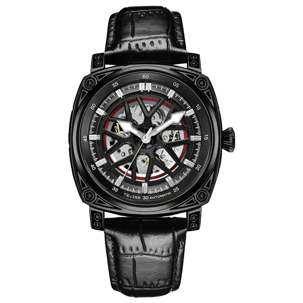 Men's automatic watch with stainless steel case and blue leather strap showing time display