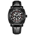 Men's automatic watch with stainless steel case and blue leather strap showing time display