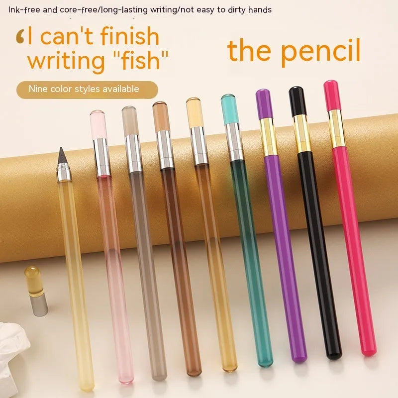 Clear acrylic sharpening-free eternal pencil with alloy tip on a desk