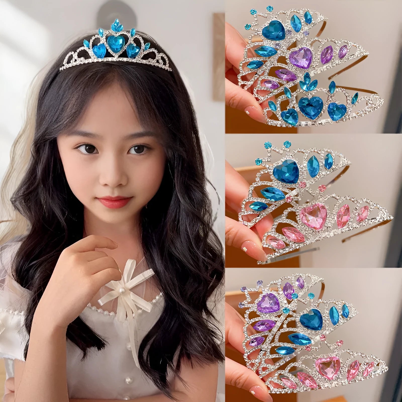 Children's pink crystal crown metal headband hair accessory for princess dress-up.