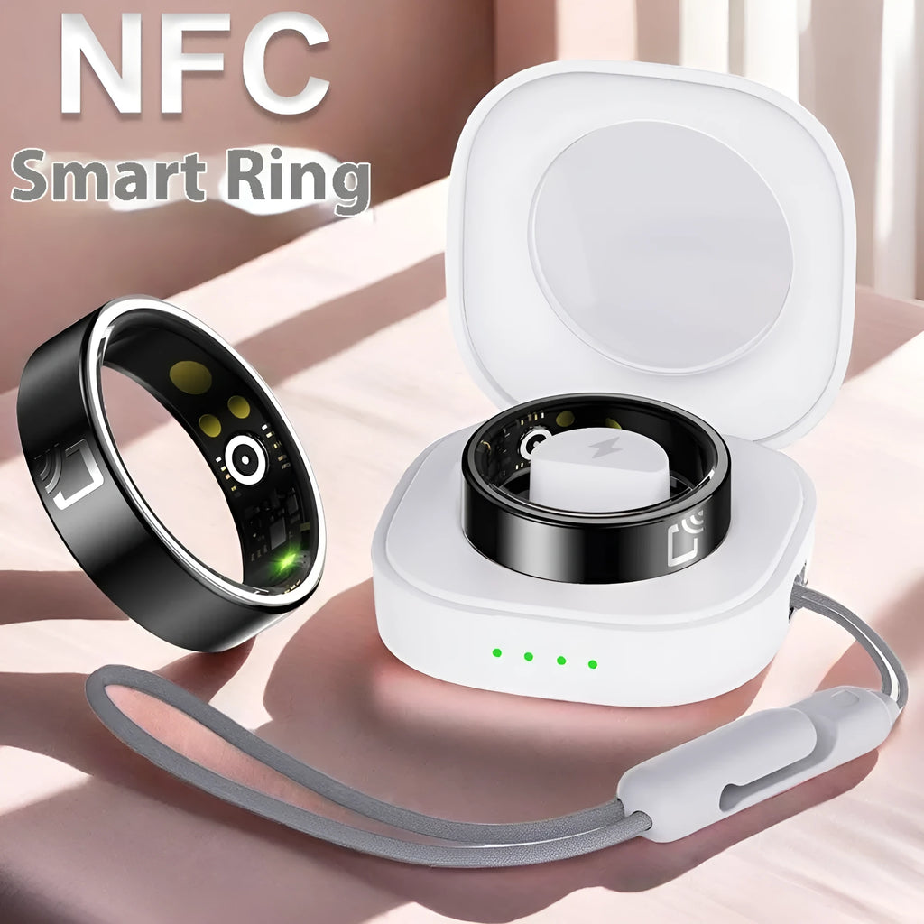 Black ceramic smart ring for health monitoring on a finger, showing heart rate and blood oxygen tracking.
