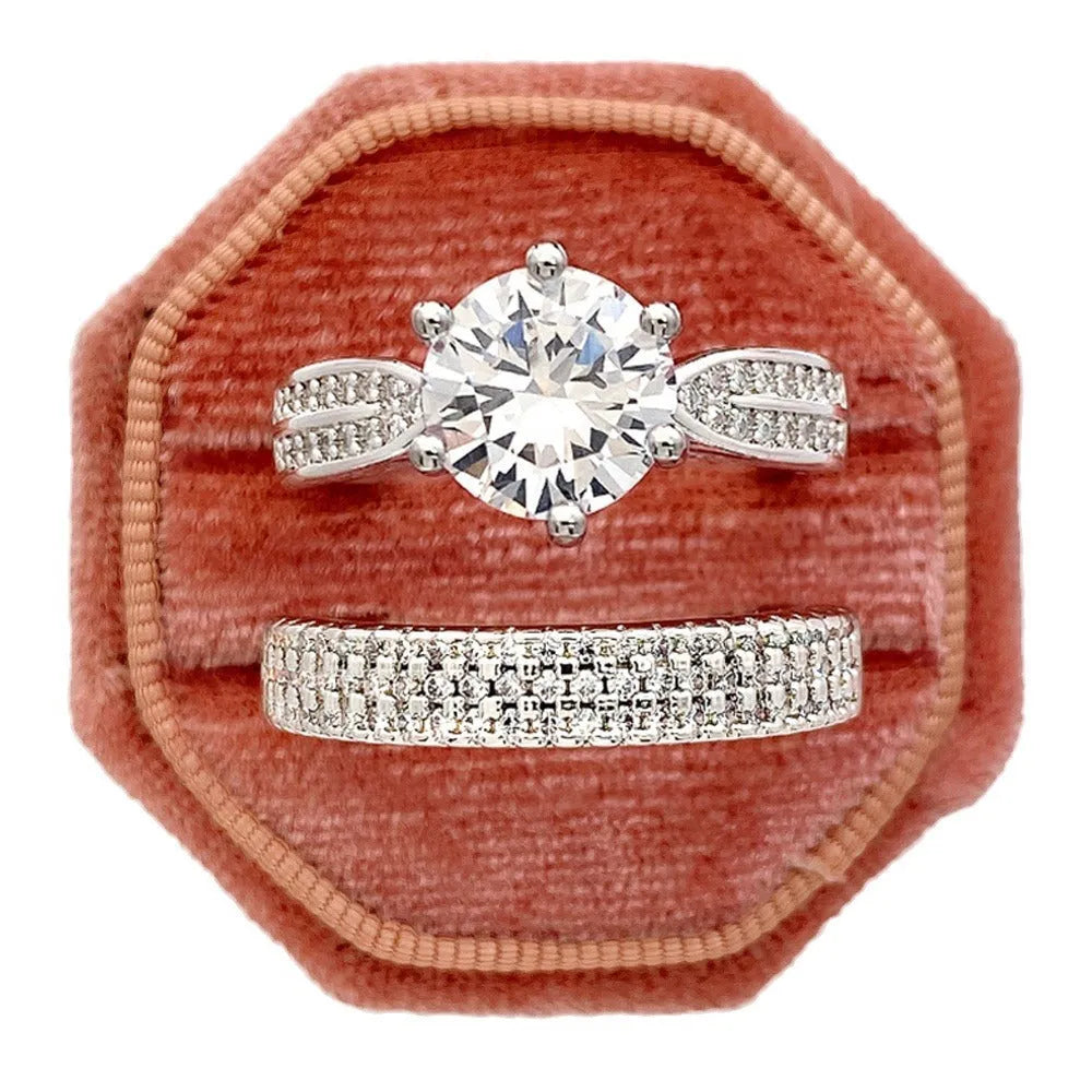 White gold colour alloy wedding ring bracelet with geometric round design showing seven available ring sizes