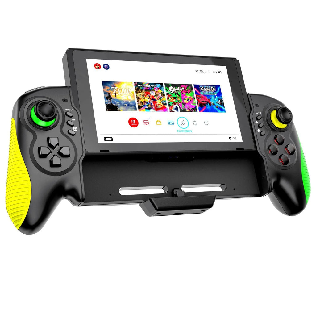 Yellow-green game controller with in-line handles for Nintendo Switch and PC, showing USB Type-C port.