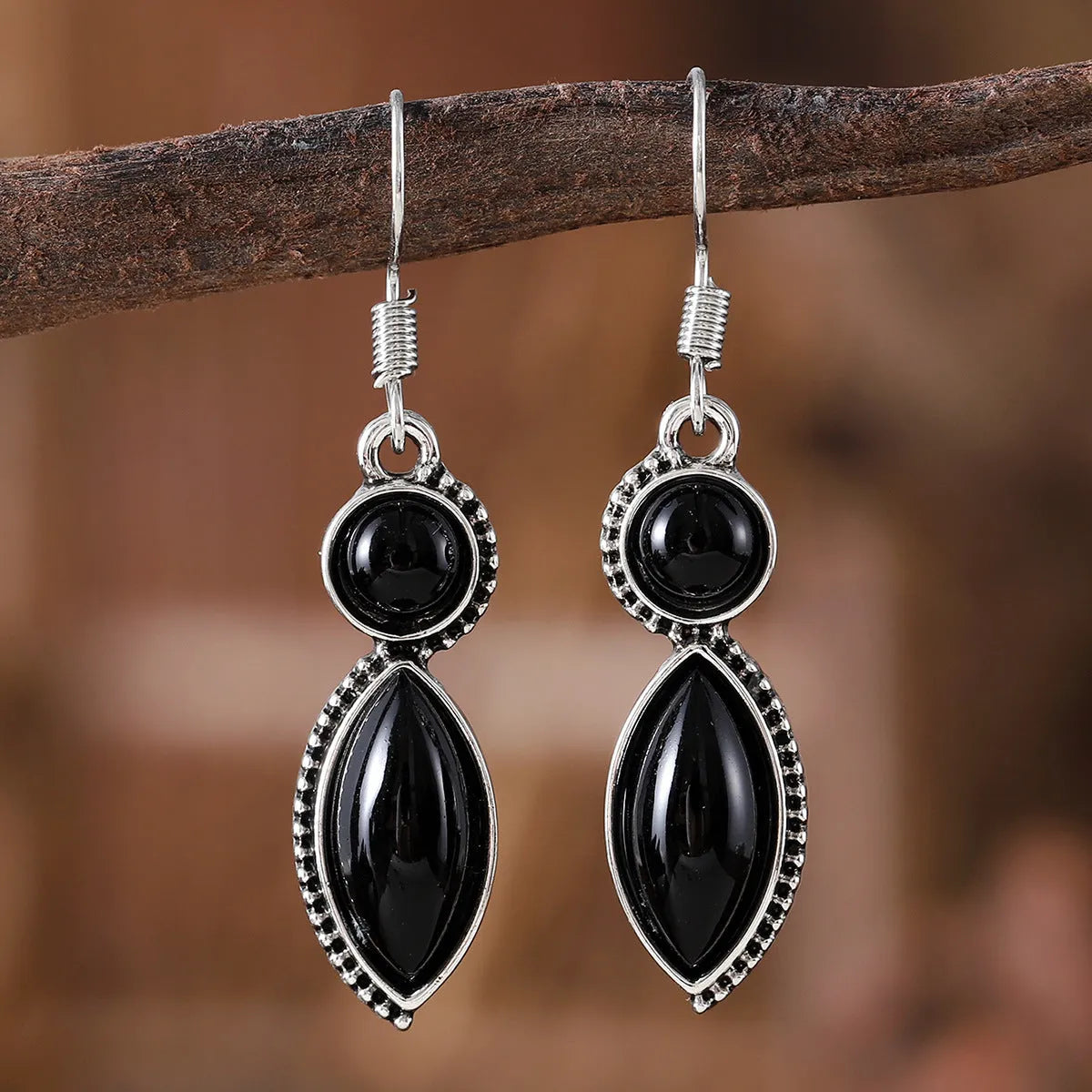 Black and purple geometric vintage gemstone pendant earrings with zinc alloy construction