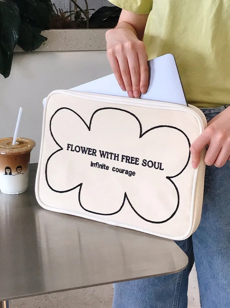 Canvas notebook liner bag with embroidery line terms flowers pattern in simplicity style