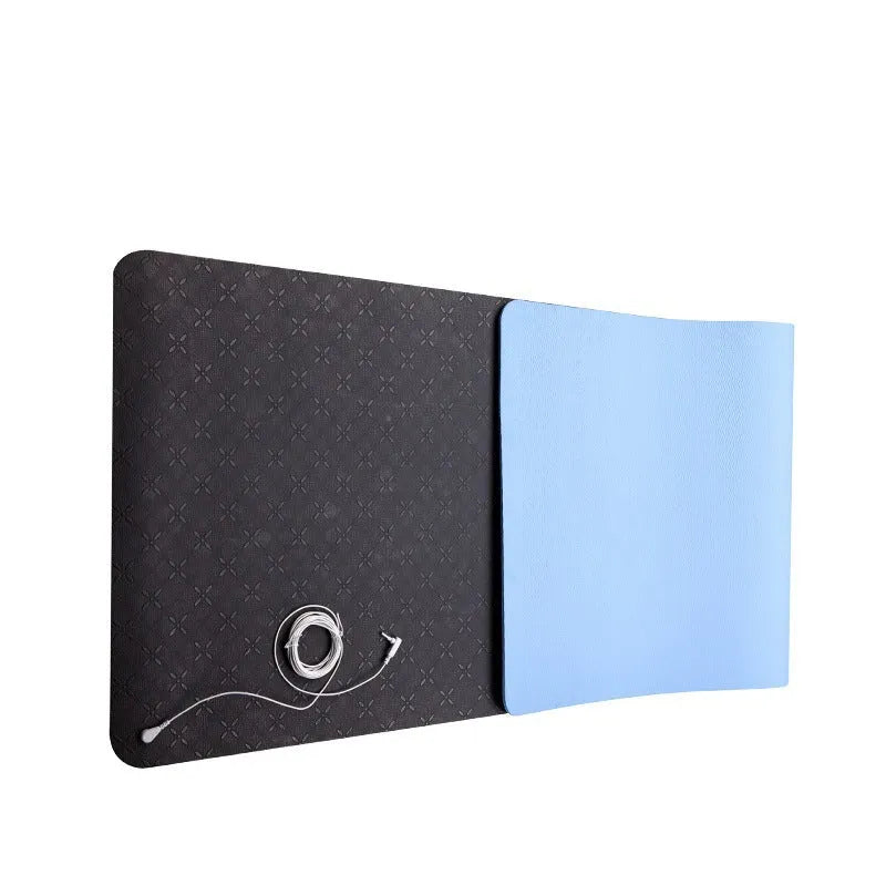 Blue conductive yoga mat with plant pattern, grounding wire, and 182x61cm dimensions