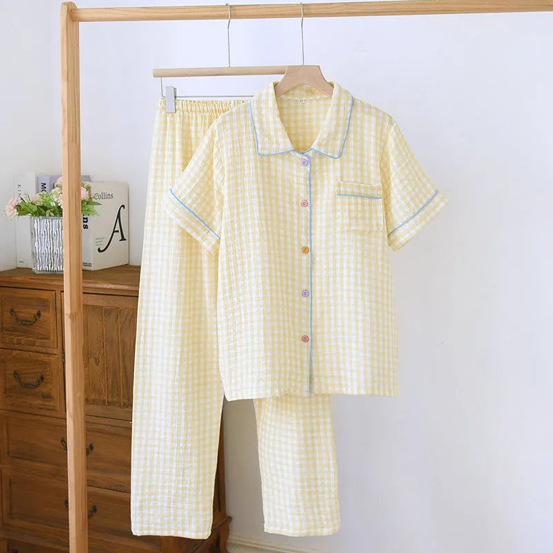 Women's washed cotton gauze short-sleeved trousers casual outfit set in flower sea pattern