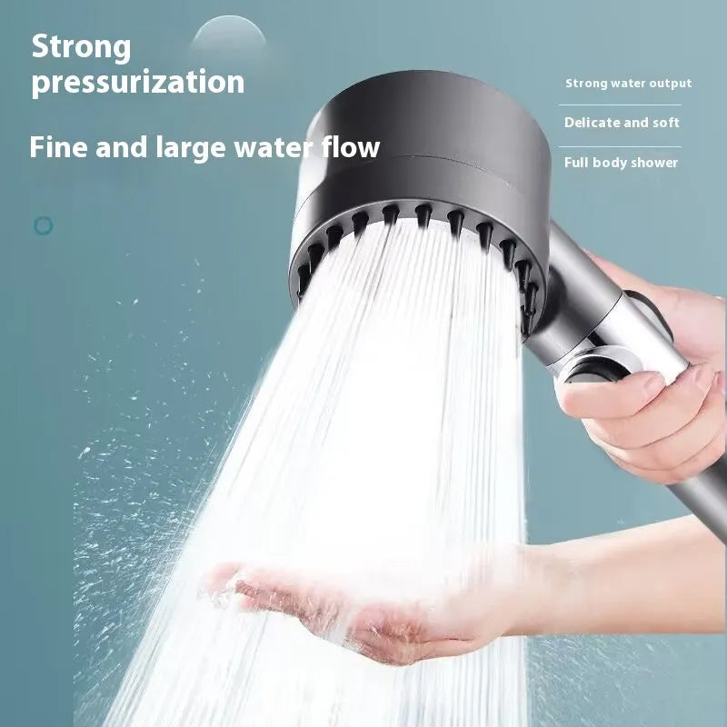 Portable ABS plastic shower head with third gear adjustment dial showing spray massage and rainfall settings