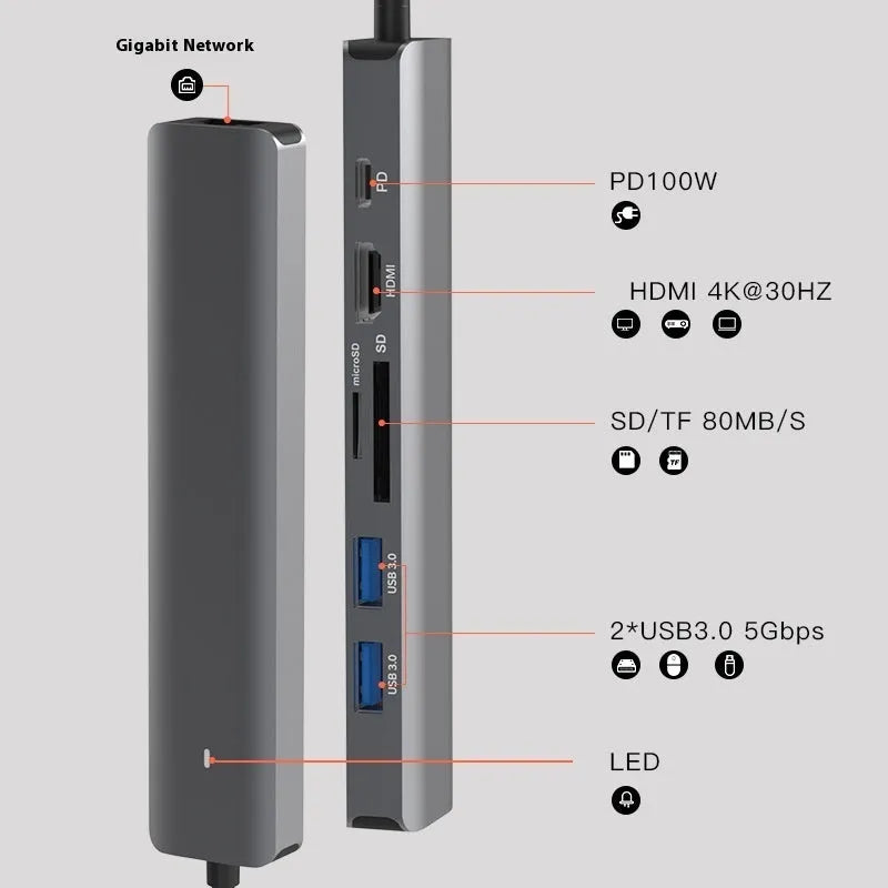 LQT-LH07 7-in-1 USB-C desktop computer hub with multiple interface ports and custom logo option