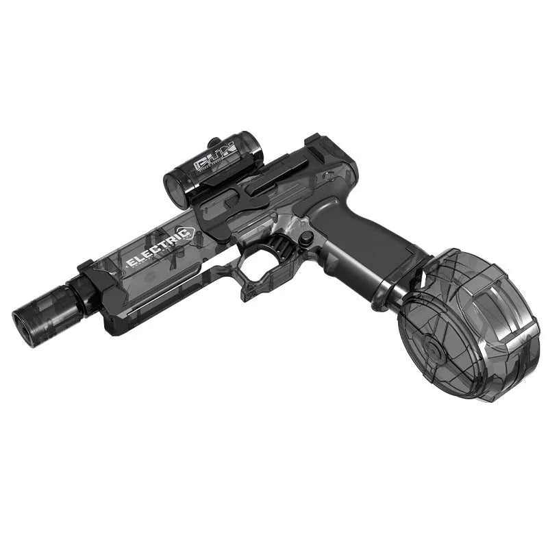 Fire Rat electric water pistol with LED lights in blue, showing automatic water spray feature.