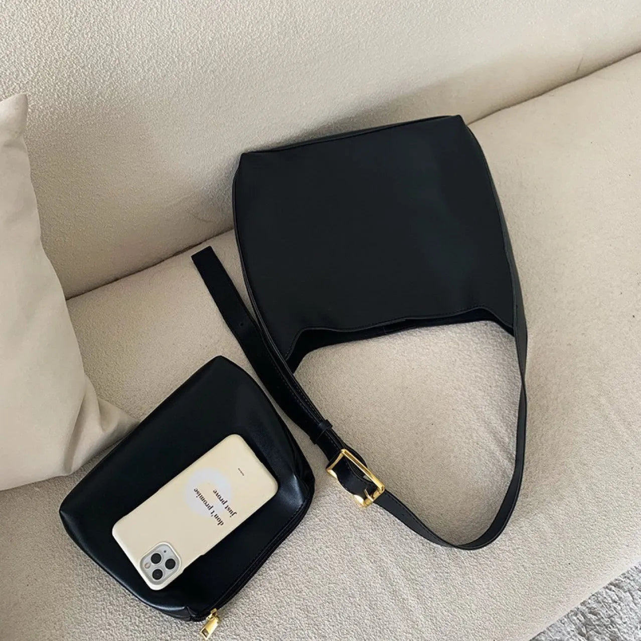 Women's soft PU leather shoulder bag with swing threads in black ribbon and brown with packet styles
