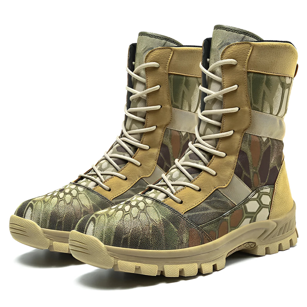 Men's black and camouflage high-top combat boots with mesh upper and lace-up design