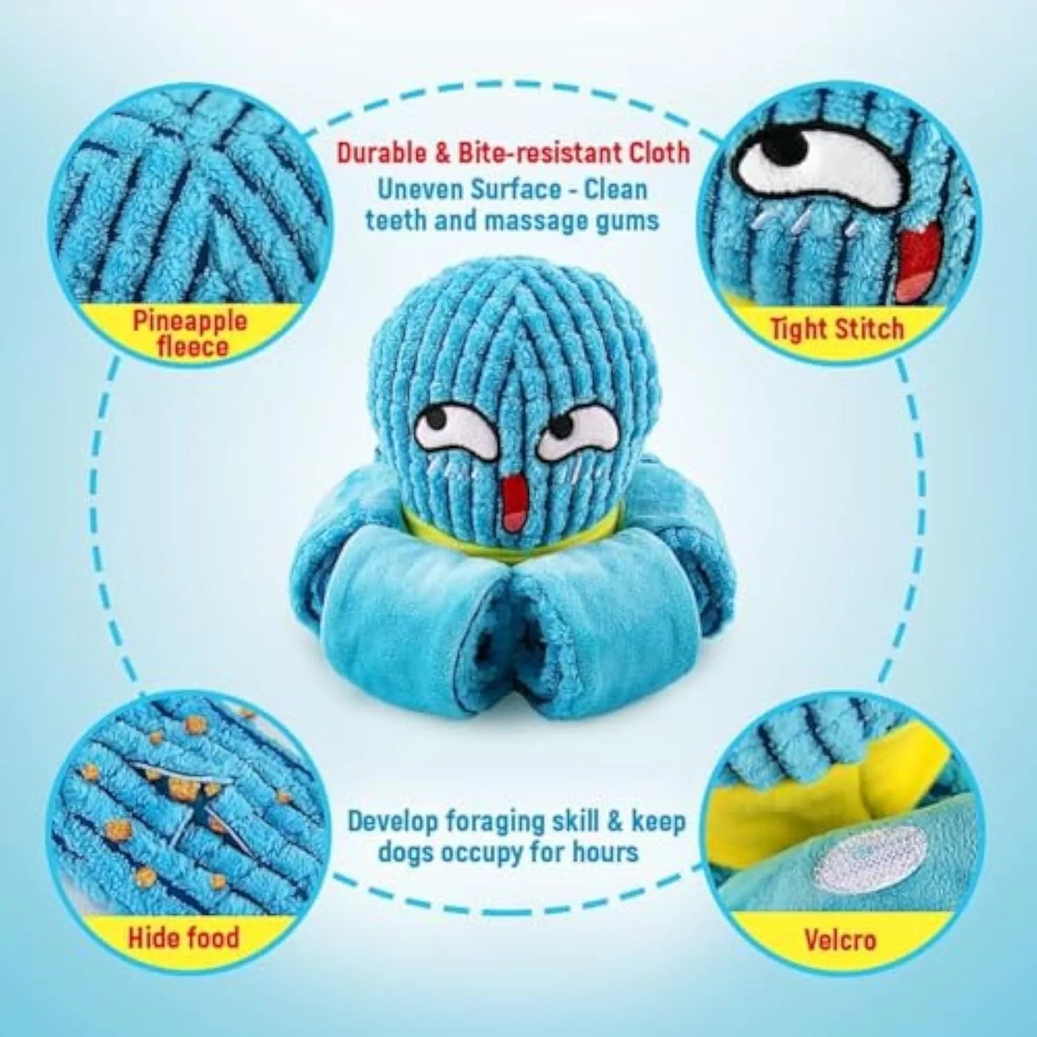 Plush octopus squeaky dog toy with crinkle fabric in blue colour for small dogs