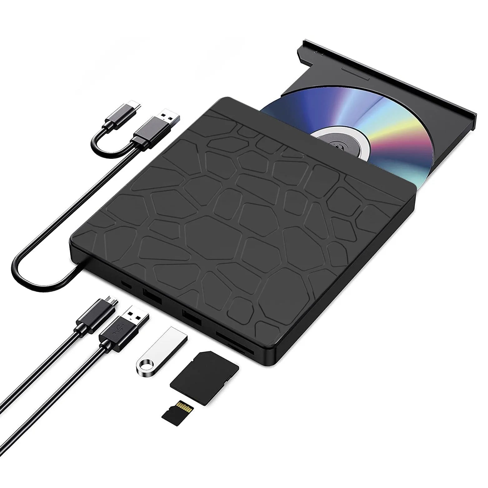 Black external optical drive for notebook computers with dual USB connectors