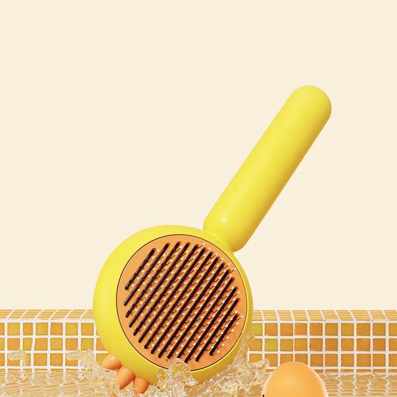 Self-cleaning pet grooming brush with stainless steel bristles in purple, white, and yellow colour options