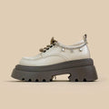 White PU leather Mary Jane platform shoes with thick chunky heel and front lace-up in XINGX bear colour.