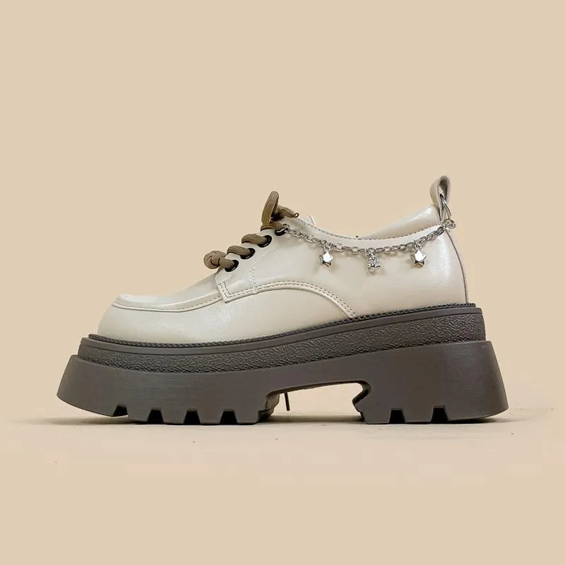 White PU leather Mary Jane platform shoes with thick chunky heel and front lace-up in XINGX bear colour.