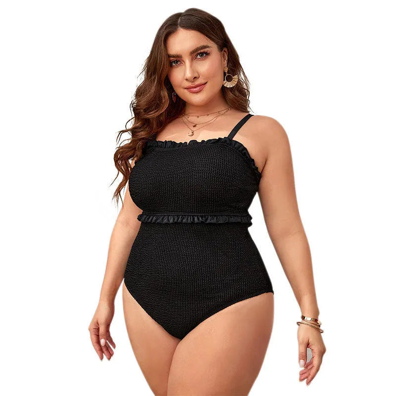 Black solid colour plus size women's bikini swimsuit with double shoulder straps