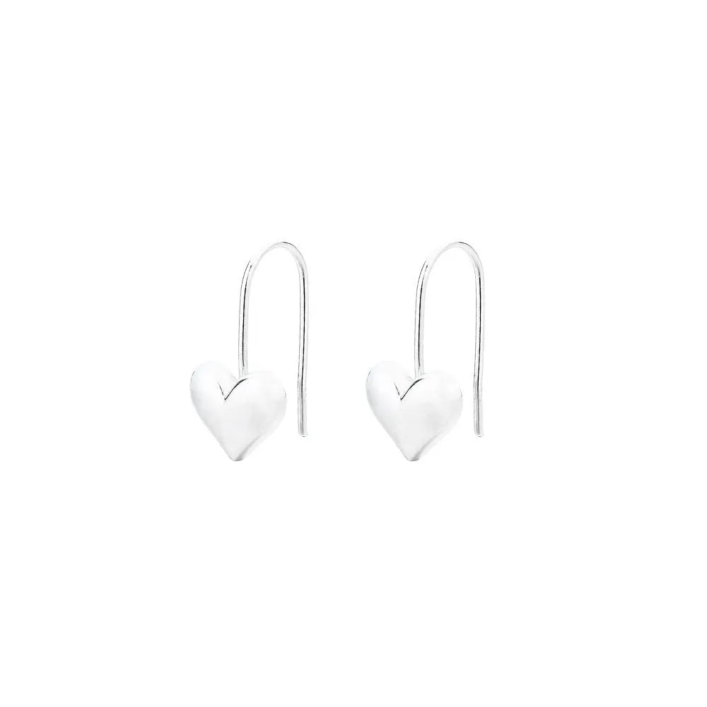 Silver heart shaped earrings with glossy three-dimensional Korean style design