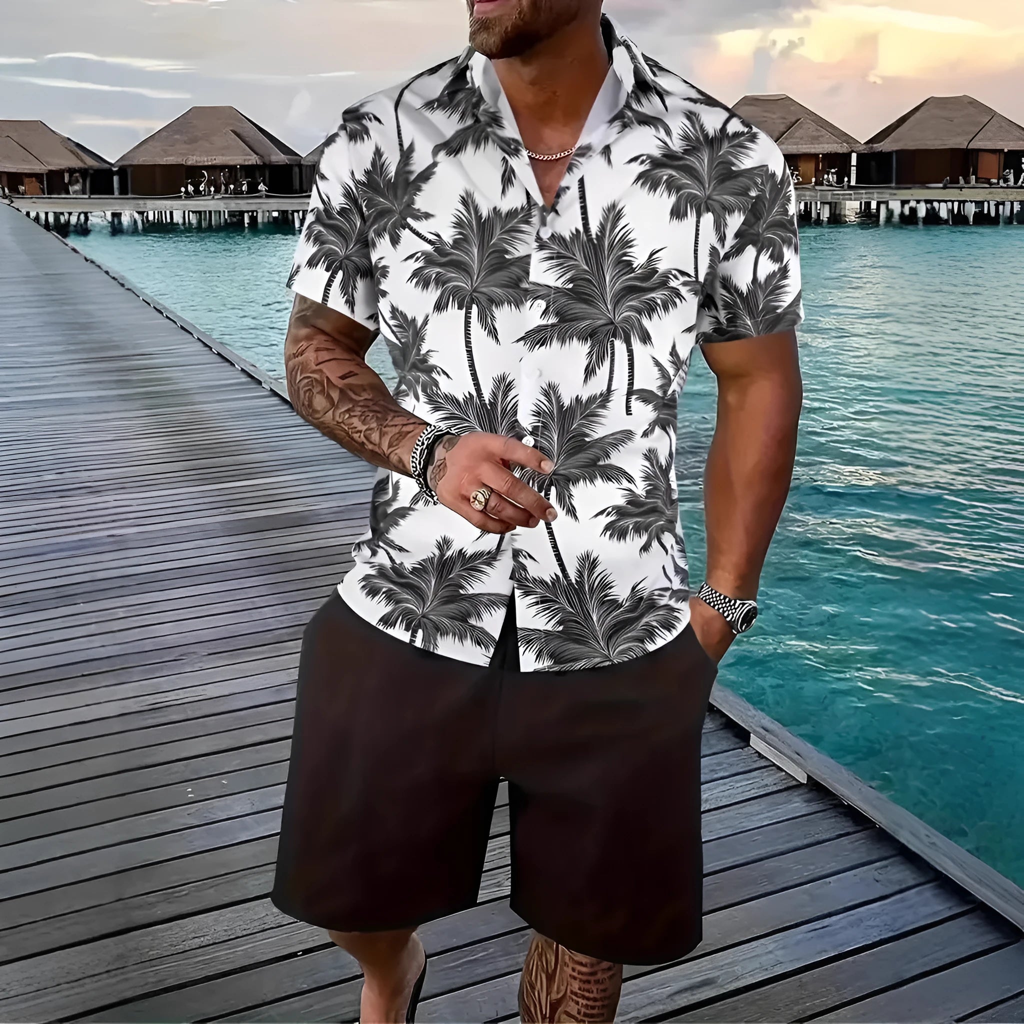 Men's Hawaii 3D printed short sleeve suit with matching shorts in polyester fabric