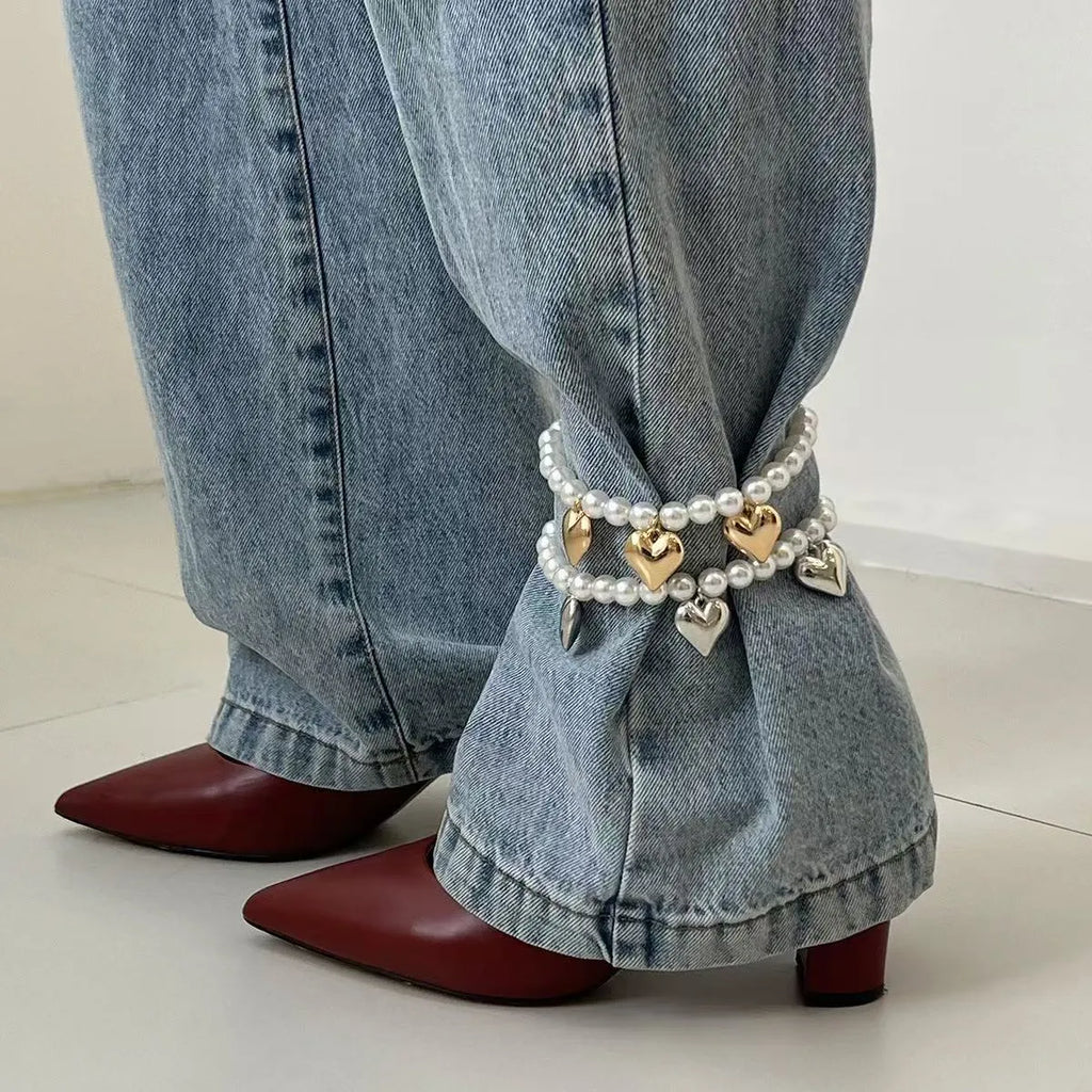 Heart-shaped pearl beaded jeans chain in mixed colour, plastic resin women's accessory