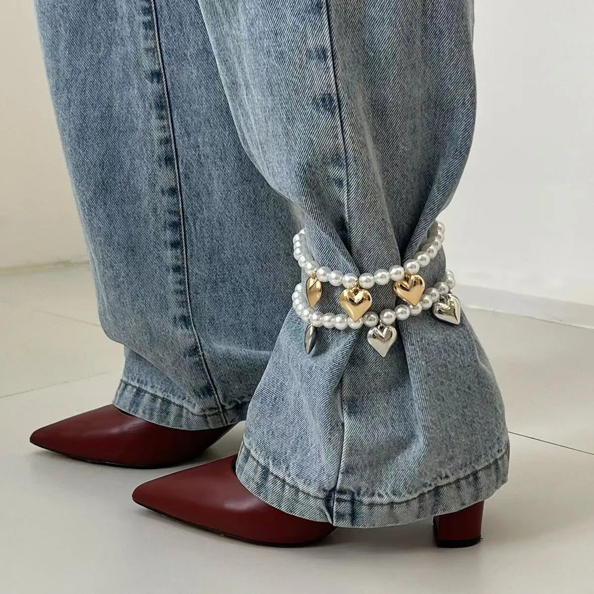 Heart-shaped pearl beaded jeans chain in mixed colour, plastic resin women's accessory