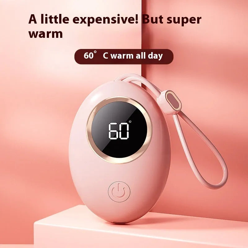USB digital display hand warmer power bank in multiple colour options showing aluminium heat dissipation