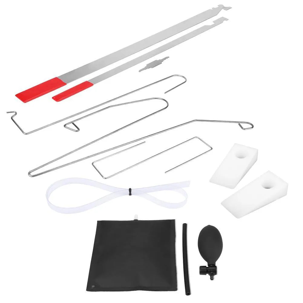 9-piece automotive maintenance tool set with plastic wedges, hooks, cable tie and crowbar tools